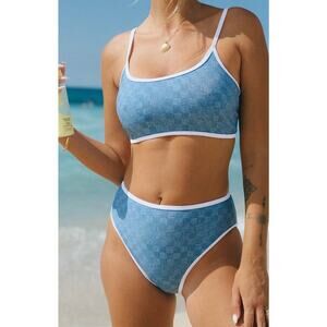 Beach Riot Denim Daze Checkered Scoop Neck Racerback Swimsuit Set S